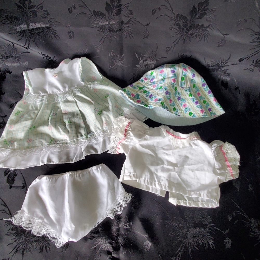 Baby Doll Dress Set Handmade Hat Pant Purple Vintage 1980s Fits 16" Doll
